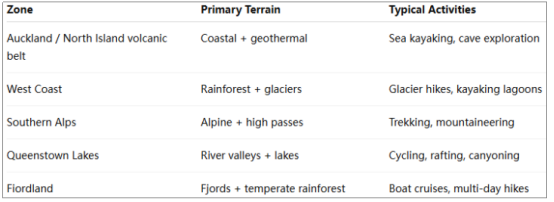 This table outlines the topographical features and typical outdoor activities of various regions in New Zealand.