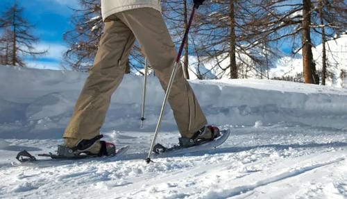 A close-up view of a person’s legs walking on snowshoes with trekking poles.