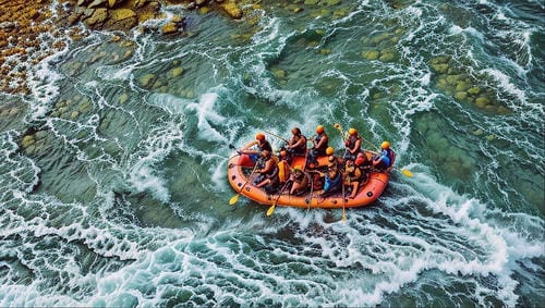 An orange raft carrying a group of rafters navigates choppy whitewater rapids.