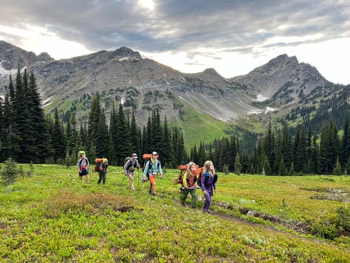 A group of hikers with large backpacks walks along a grassy mountain trail surrounded by evergreen trees and rocky peaks under a cloudy sky.
