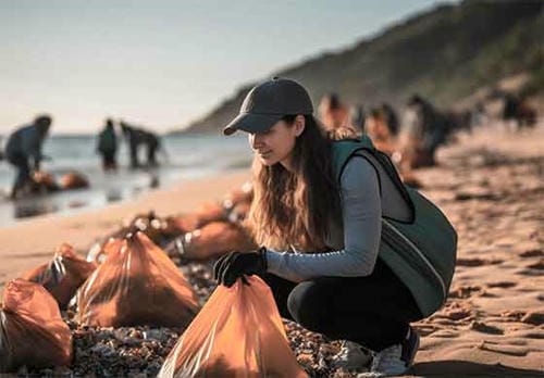A volunteer collects trash in a plastic bag during a beach cleanup with other participants in the background.
