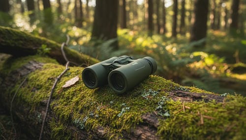 A pair of binoculars rests on a moss-covered log in a sunlit forest.