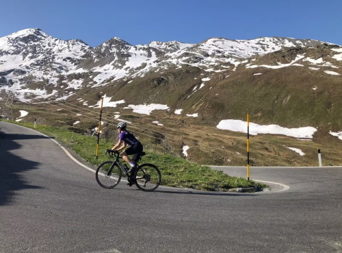 A cyclist in a purple outfit rides along a paved road with snow-capped mountains in the background under a clear blue sky.