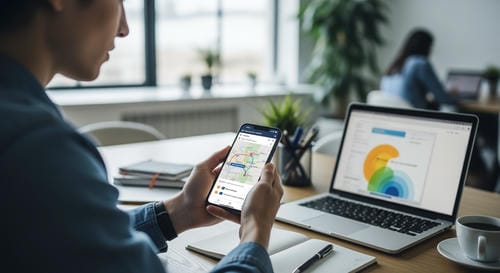 A person uses a map app on their smartphone at an office desk to plan or check directions.