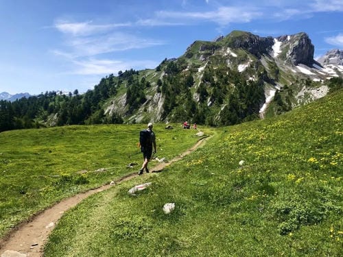 A hiker walks along a dirt trail through a wildflower-dotted alpine meadow, with snow-patched mountains rising in the background.